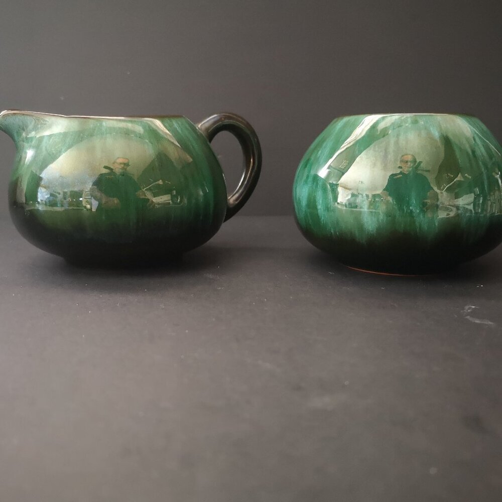 Vintage Blue Mountain Pottery Green Drip Glaze Finish Creamer & Sugar Bowl Set
